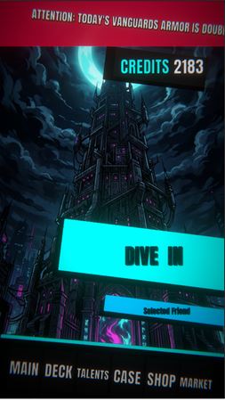 Cyber Abyss mobile UI: tower hub with credits, a Dive In button and Main, Deck, Talents, Case, Shop and Market tabs