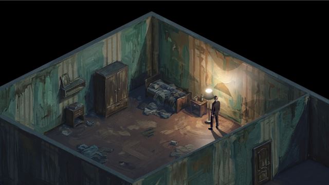 Isometric room in an oil-painting style: a man stands under a floor lamp next to a bed and a wardrobe