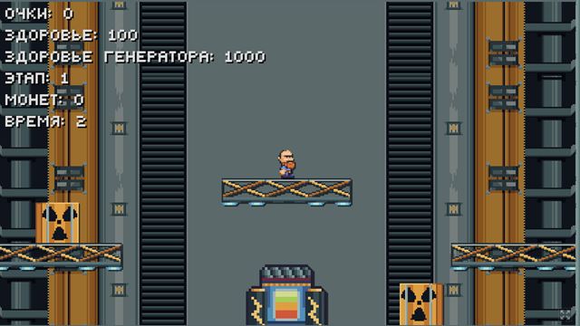 Dielevator! — pixel-art platformer: the player on a platform between two industrial shafts, a generator below